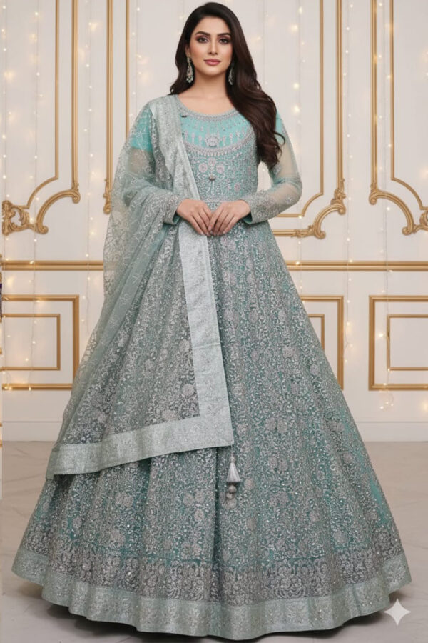 Cyan Heavy Valima Embroidery Maxi