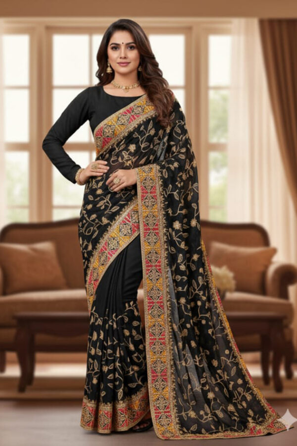 Dark Navy blue Embroidered Saree