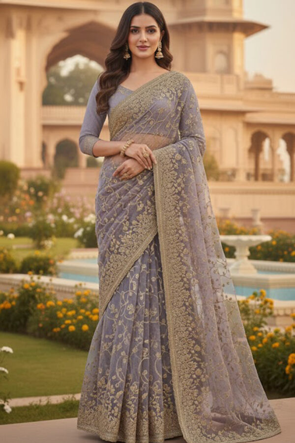 Organza Tea Pink Embroidered Saree