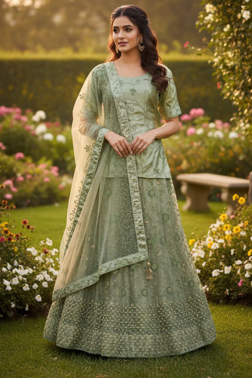 Pista Green Embroidered Lehenga